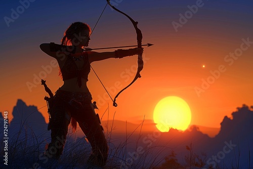 A fierce warrior takes aim at the sky, her weapon ready to conquer the field of archery as the sun sets on her determination