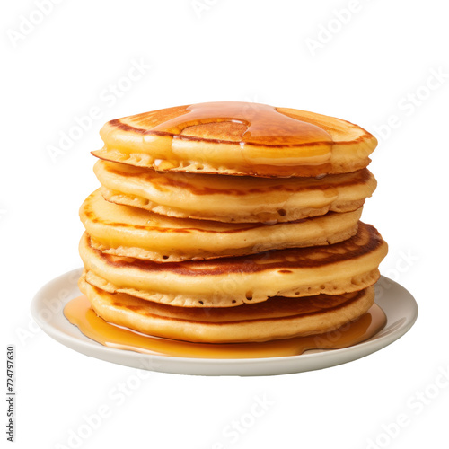 Honey dipper drizzling honey on pancakes, stack of pancakes.