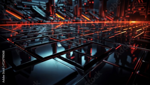 Reflective surface with red and orange lighting, composed of intricate square pieces.
