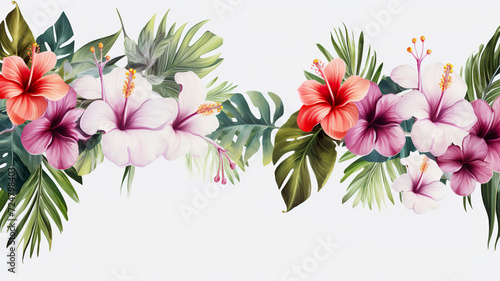 isolated tropical leaves and flowers against a stark white background