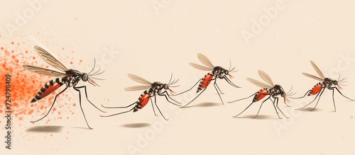 Background with mosquitoes on white with insecticide spray, cartoon illustration of mosquito repellent, hand-made drawing, insect silhouette with long legs, antennae, big eyes and transparent wings © Muriel