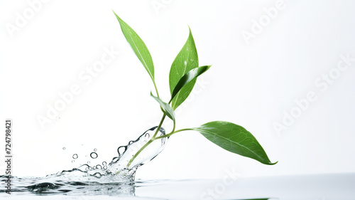 A single, isolated water droplet falling from a plant on a background of pure white