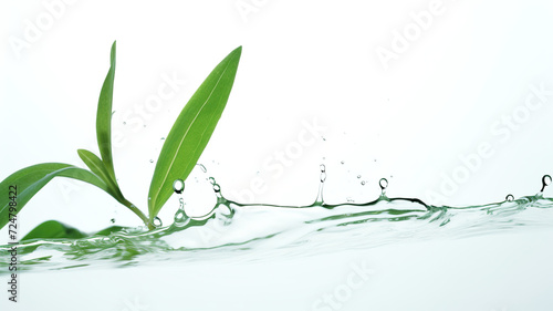A single, isolated water droplet falling from a plant on a background of pure white