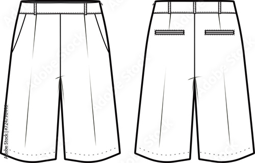 Technical flat sketch of short pants. Wide leg shorts with side pockets and welt pockets. Front and back apparel. Vector mock up Template.  photo