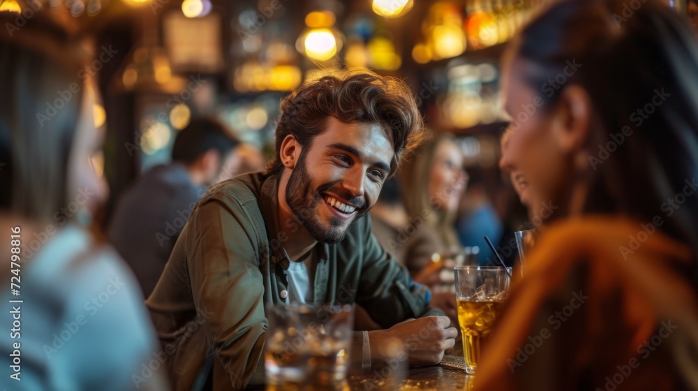 Joyful Socializing in a Bar, Young Man with Friends Enjoying Drinks and a Good Conversation