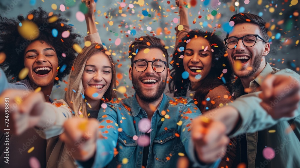 A Team of Happy Employees Celebrating a Business Triumph Amidst Confetti A Team of Happy Employees Celebrating a Business Triumph Amidst Confetti