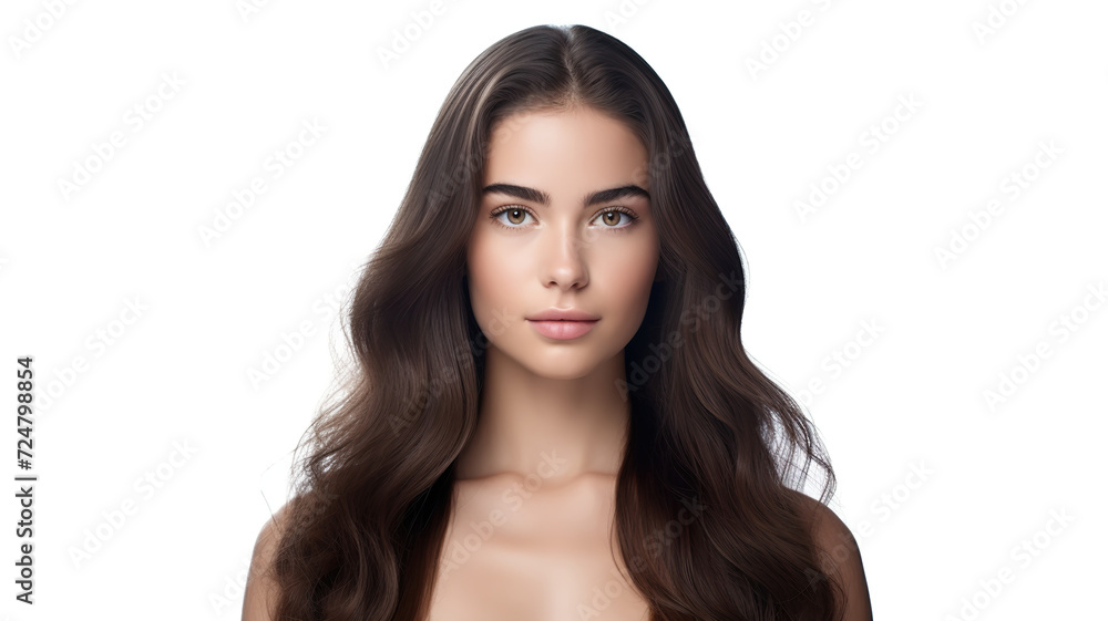 A young brunette woman poses alone against a stark white background, her hair in a bun. A young brunette woman poses alone against a stark white background, her hair in a bun.