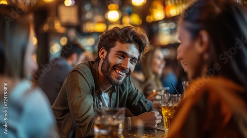 Joyful Socializing in a Bar, Young Man with Friends Enjoying Drinks and a Good Conversation