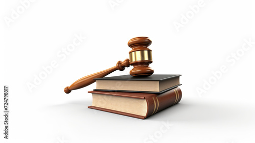 Books and a wooden gavel alone against a stark white background