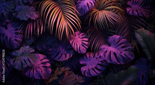 Tropical foliage and monstera leaves illuminated by vibrant neon lights.