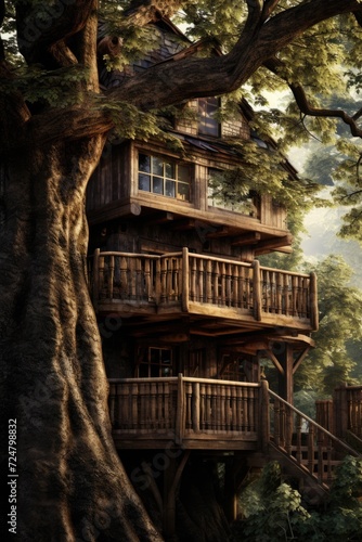 A picture of a tree house located in the middle of a forest. This image can be used to depict a secluded and peaceful getaway amidst nature © Fotograf