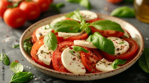 Salad of sliced tomatoes, mozzarella and basil leaves