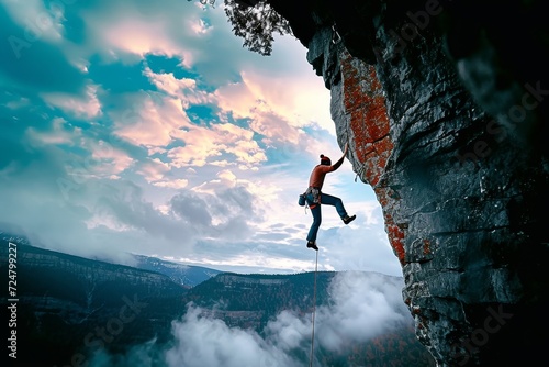 A daring adventurer conquers the towering cliff, defying gravity as they reach for the sky amidst the breathtaking landscape and swirling clouds