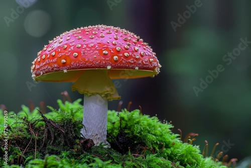 a red mushroom sits under the moss of the forest