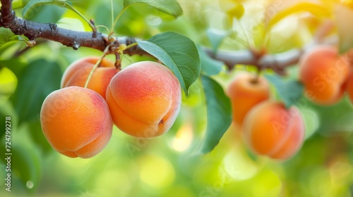 Beautiful juicy ripe apricot hang on a branch in the summer garden
