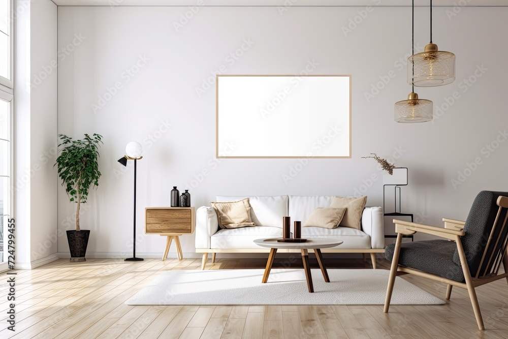Interior of a stylish living room with a blank canvas on a white hardwood wall. Draft for a design Interior of a stylish living room with a blank canvas on a white hardwood wall. Draft for a design