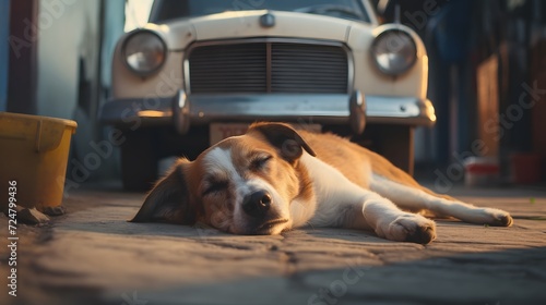 Dog sleeping on floor under the car. Cute animal. Closeup face of sleeping dog. Tired dog take a nap. Sweet dream. Long rest. Relax and chilling out. Alone and lonely pet outside home. Domestic animal