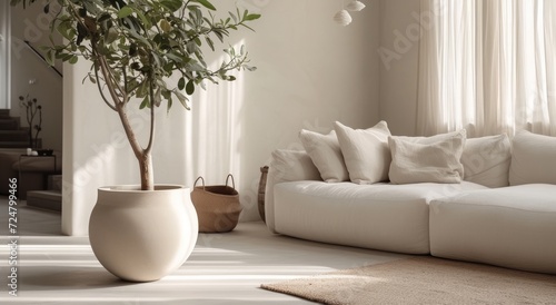 an elegant planter with a plant inside in front of a living room