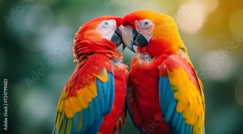 a pair of parrots kiss each other