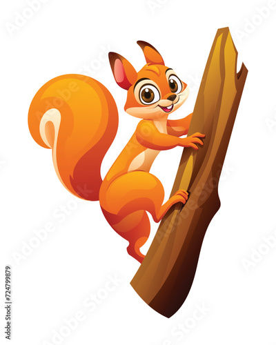 Cute squirrel climbing tree illustration. Vector cartoon isolated on white background