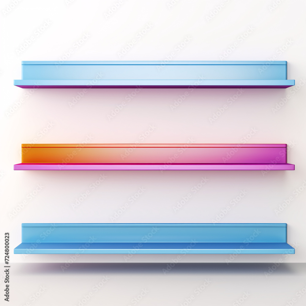 A colorful pastel large gap between empty shelves designed for product display against a white background, offering a clean and vibrant presentation space. A colorful pastel large gap between empty shelves designed for product display against a white background, offering a clean and vibrant presentation space.