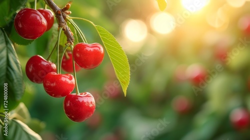 Beautiful juicy ripe cherry hang on a branch in the summer garden