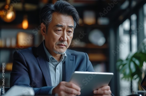 asian business man sitting at desk with tablet computer