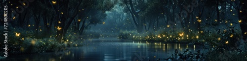 Virtual fireflies illuminate a serene digital night photo