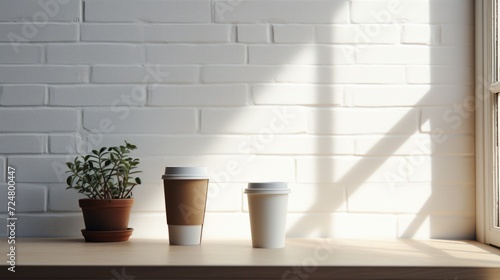 Two cups of coffee sit on a table next to a potted plant. Perfect for coffee shop promotions or home decor blogs © Fotograf