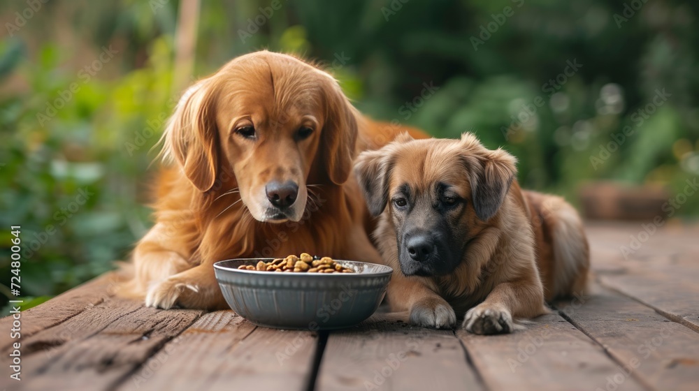 A beautiful cat and a dog are sitting near a bowl of food on a wooden terrace
