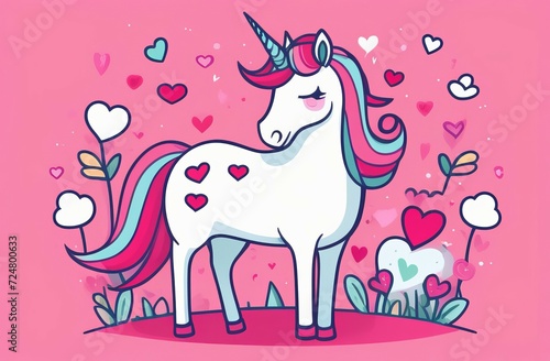  Drawing. Romantic unicorn. Hearts. Pink background.