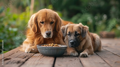 A beautiful cat and a dog are sitting near a bowl of food on a wooden terrace