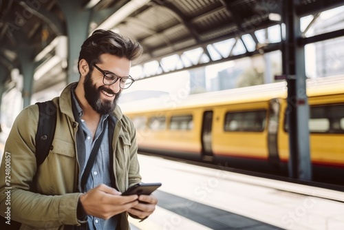 Young man using smart phone while waiting for train at the station.