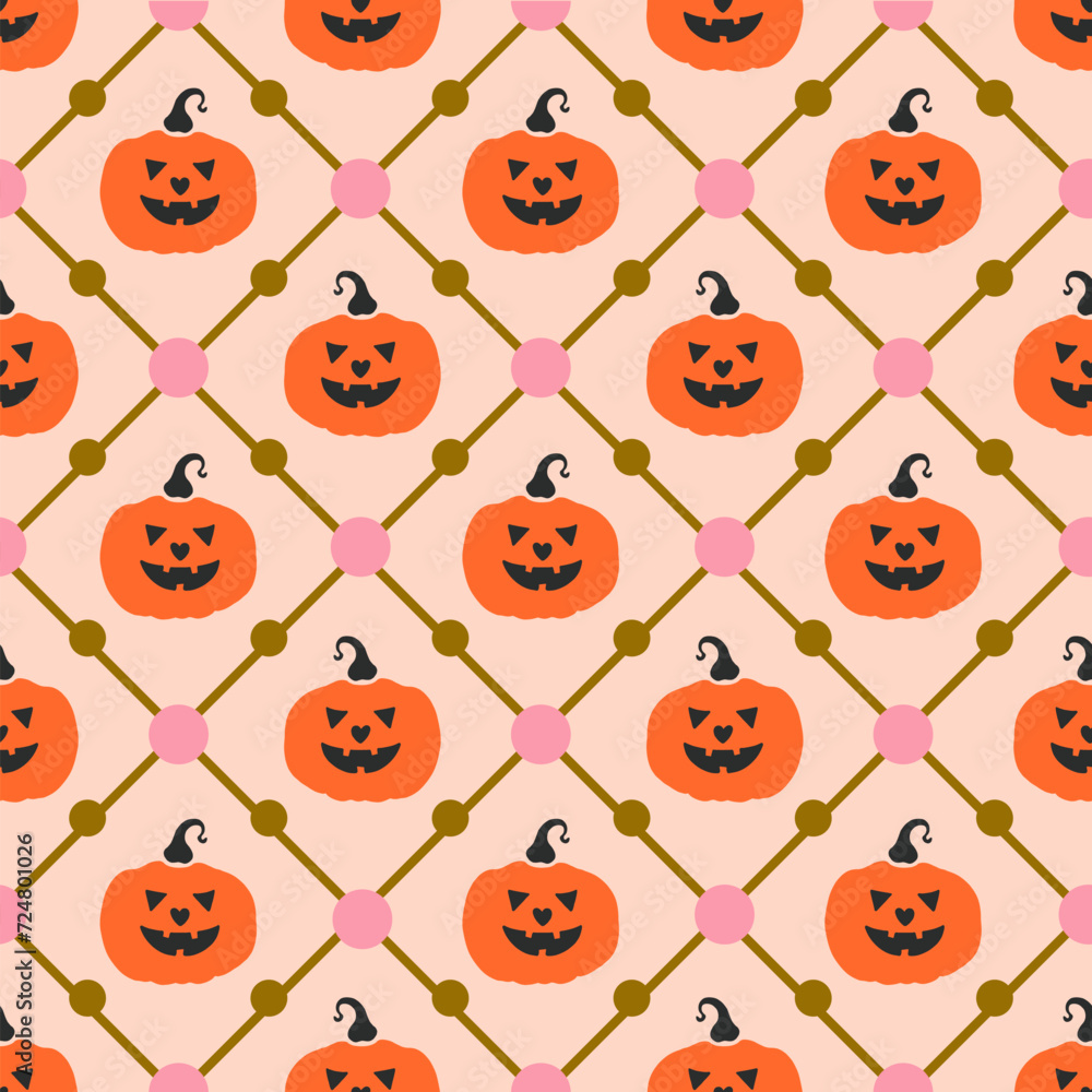 Obraz premium Jack O Lanterns in Checkered Vector Seamless Halloween Pattern