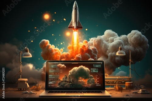 Image capturing the momentum of a B2B marketplace taking off. The image features a stylized rocket ship soaring through the sky.