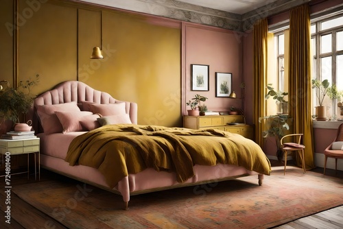 Vintage-inspired interior design bedroom with muted tones of mustard yellow, olive green, and dusty rose