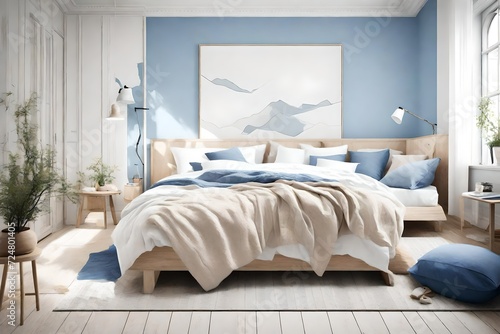 Scandinavian-inspired interior design bedroom with a palette of crisp white, soft beige, and cool blue accents