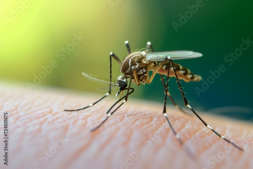 Beautiful closeup illustration of a mosquito ready to bite the skin of a human being, six long legs, thin abdomen, hairy chest, antennas, transparent wings, proboscis, mosquito anatomy, detailed view