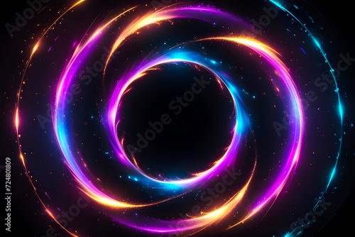 Glowing circles with neon colors on a black background, magic spell effect photo