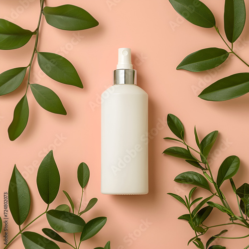 Elegantly simple cosmetic spritzer poised among leafy greens, against a peachy tone perfect for fresh, organic branding. Mock-up, copy space
