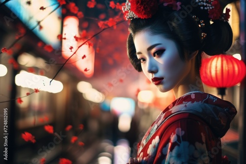 A woman dressed in a traditional kimono with vibrant red lanterns in the background. Perfect for cultural and travel-related projects