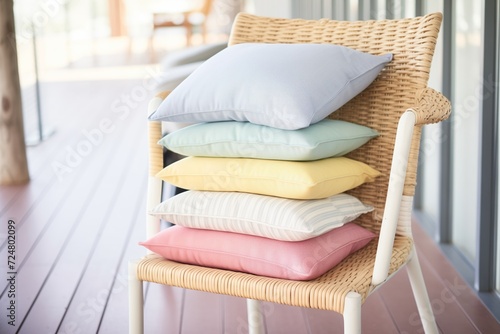 a pile of pastel-colored cushions positioned on a rattan chair