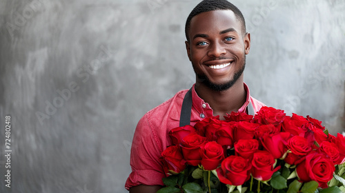 Cute smiling African American male flower seller with blue eyes, wearing an apron with a large bouquet of red roses on a gray background. Gardening, floristry and holidays concept photo