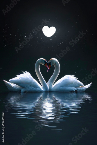 Portrait of two white swans in love on a beautiful foggy lake  against the backdrop of the night sky illuminated by stars and a heart-shaped moon. Vertical Valentine s Day card  cover design