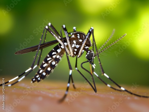 Macro photograph of a tiger mosquito biting its prey, nature wildlife green environment blurred background, the gnat  is sucking the blood of its victim through their skin, characteristic white dots © Muriel