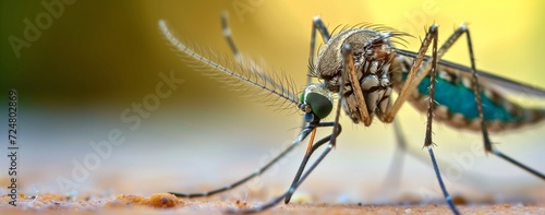 Beautiful illustration representing a macro close-up view of a blue mosquito, chest, legs, abdomen, wings, antennae, very close shot photograph, nice wild nature insect picture, beauty of wildlife  © Muriel