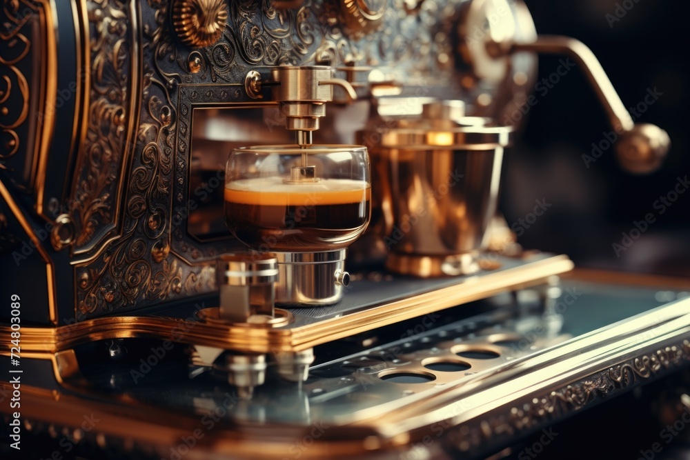 Coffee machine close up on a table, ideal for coffee shop or kitchen decor