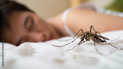 Tiger mosquito waiting on the bed next to an asleep person, man or woman sleeping in the bedroom close to a mosquitoe, blood sucking insect on white sheet, macro photograph, closeup view of hungry bug photo