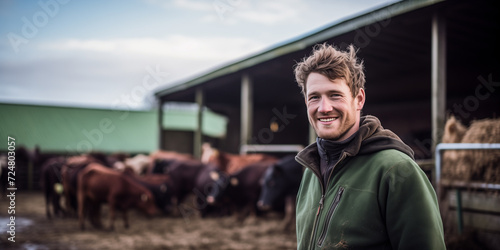 Tierwirt Fachrichtung Rinderhaltung lächelt in die Kamera, im Hintergrund eine Herde Rinder