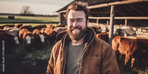 Tierwirt Fachrichtung Rinderhaltung lächelt in die Kamera, im Hintergrund eine Herde Rinder photo